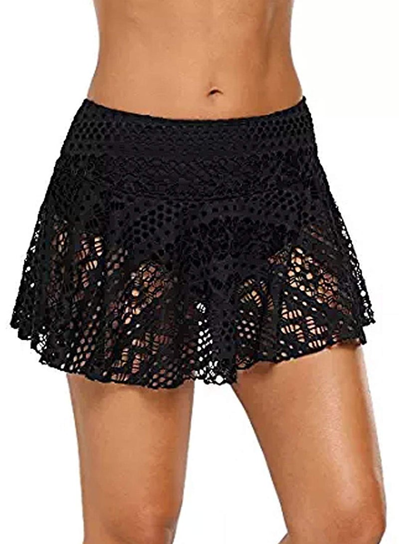 Lopie Women Lace Crochet Swim Skirt Bikini Bottom Swimsuit Board Shorts Skort Swimdress (Black, M) - Image 1